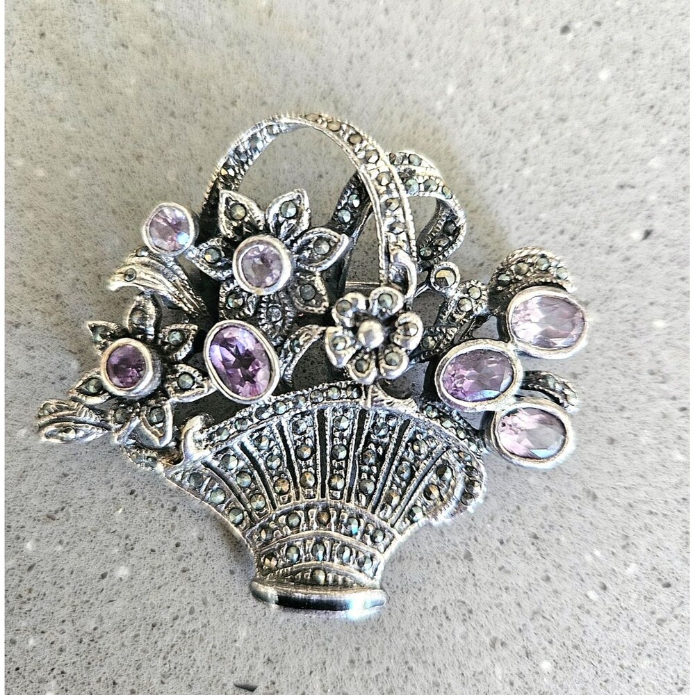 Vintage Sterling Silver .925 Amethyst & Marcasite Floral Basket Brooch - Signed